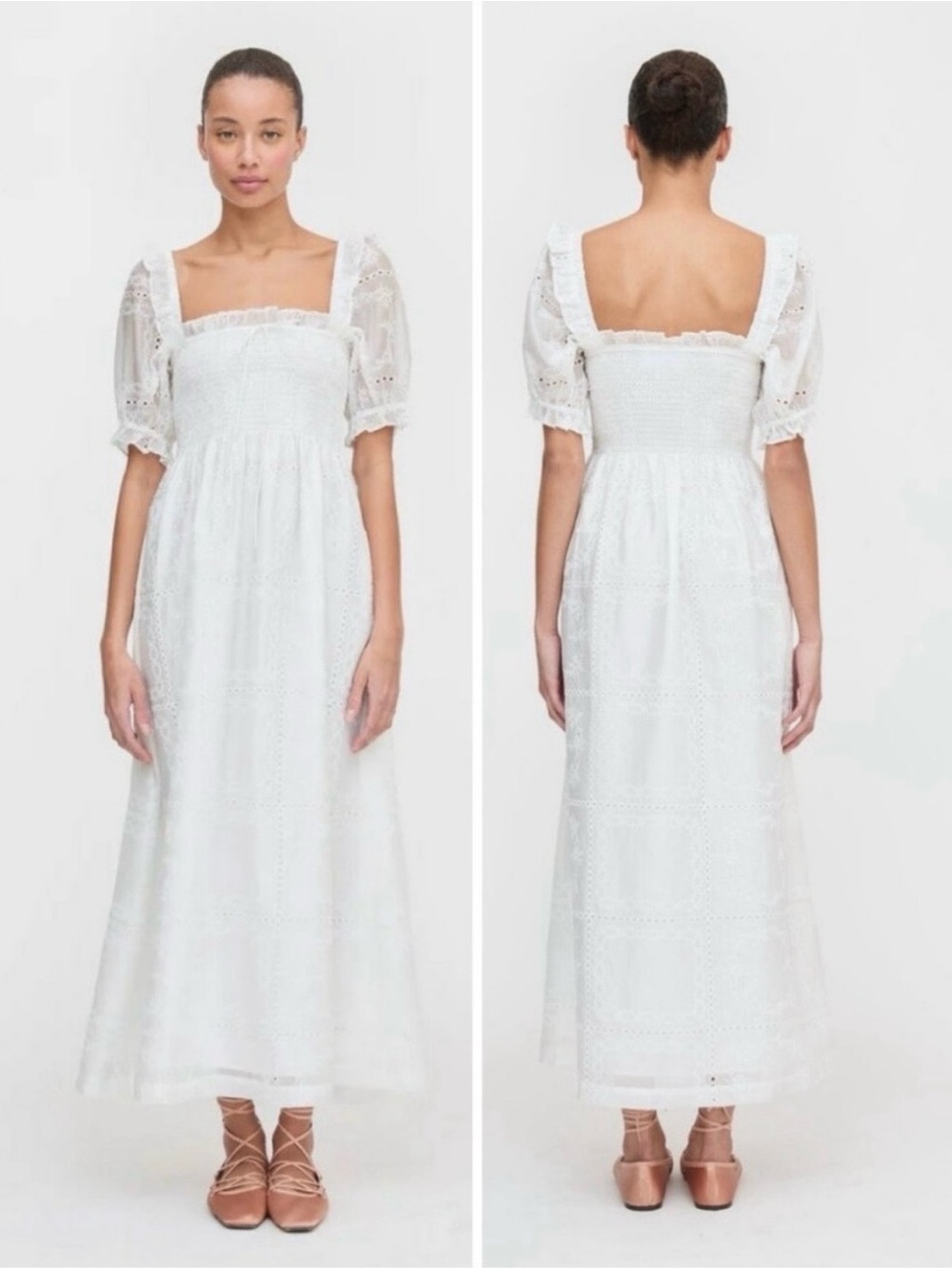 Caroline Constas White Eyelet Patch Maxi Dress with Puff Sleeves - Picture 4 of 9